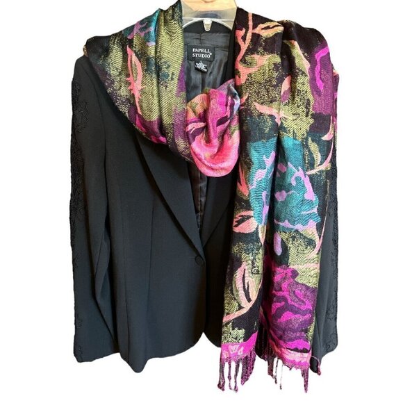 Large Black & Vibrant Jewel Toned Wrap Scarf Floral Patterned with Fringe - Picture 2 of 10